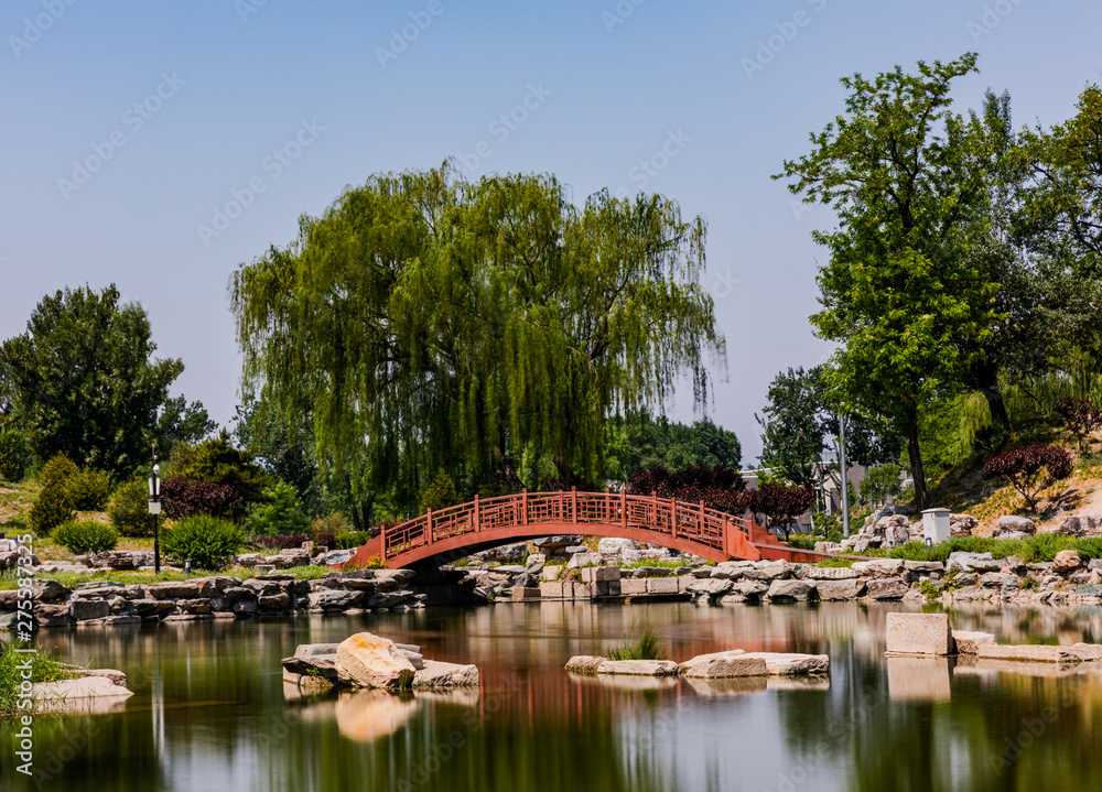 Scene of a traditional Chinese garden with a pond, bridge, stones, trees and water reflections in Beijing