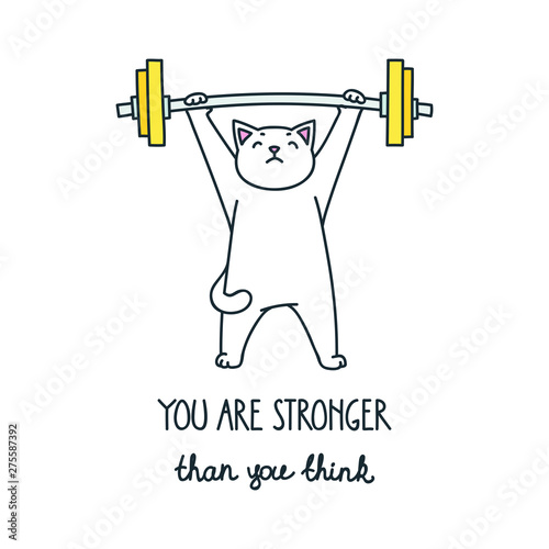 You are stronger than you think. Illustration of athletic cat exercising with barbell isolated on white background. Vector 8 EPS.