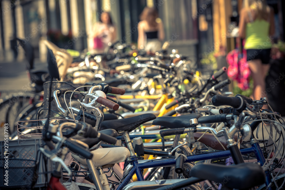 Fototapeta premium parked bicycles in the middle of the street in the middle of a sunny day