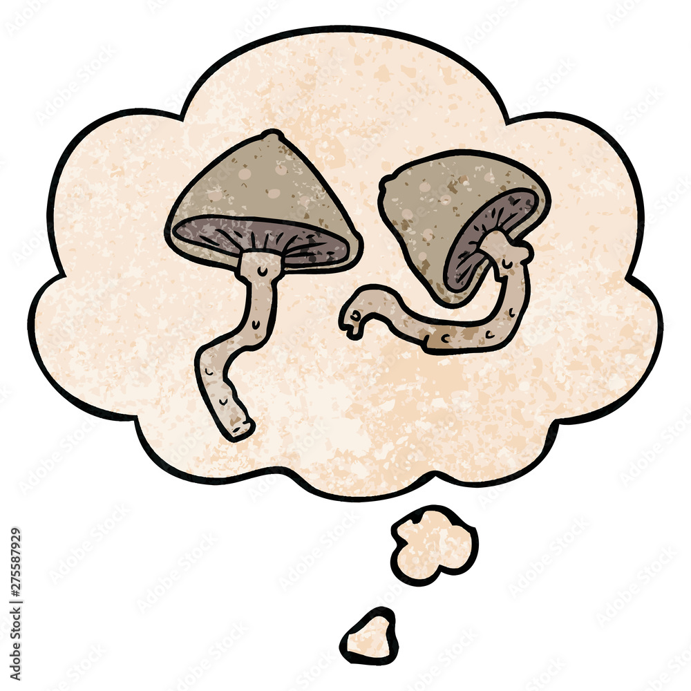 cartoon mushrooms and thought bubble in grunge texture pattern style cartoon mushrooms and thought bubble in grunge texture pattern style