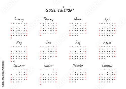 Monthly calendar 2021 template. Vector illustration 8 EPS.