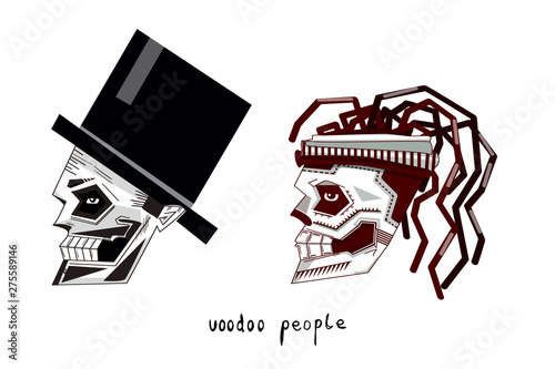 vector flat collection of two most famous loas of African voodoo - Papa Legba and Baron Samedi. Can be also used for themes of aesthetic of death, Halloween, Dia de los Muertos etc.