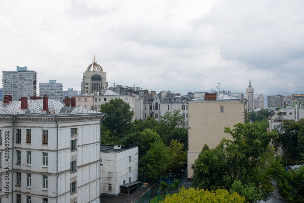 View of the roofs of residential buildings in Moscow's New Arbat Street