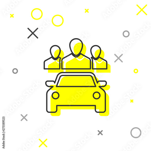 Grey Car sharing with group of people line icon isolated on white background. Carsharing sign. Transport renting service concept. Vector Illustration