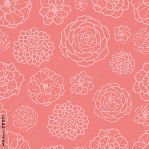 Beautiful floral coral seamless pattern  feminine flowers hand drawn mosaic design  romantic roses -  Great as a summer or spring textile print  party invitation or packaging. Surface pattern design.