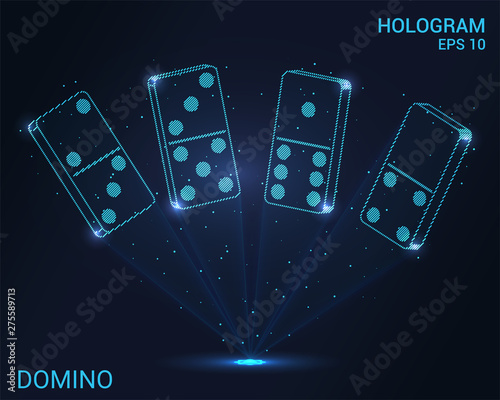 Domino hologram. Holographic projection of dominoes. Flickering energy flux of particles. Scientific sports design.