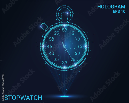 Hologram stopwatch. Holographic projection of the stopwatch. Flickering energy flux of particles. The scientific design of the sport.