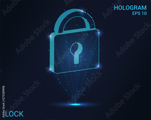 Hologram lock. A holographic projection of security. Flickering energy flux of particles. Scientific design technology.