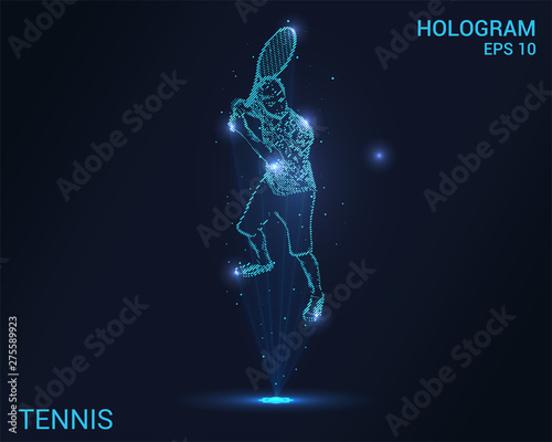Hologram tennis. Tennis player with a racket hits the ball. Flickering energy flux of particles. The scientific design of the sport.