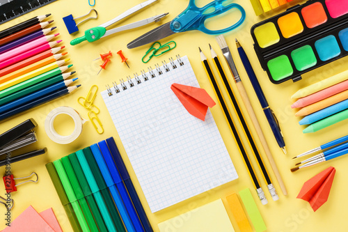 Set of colorful stationery and supplies for school.