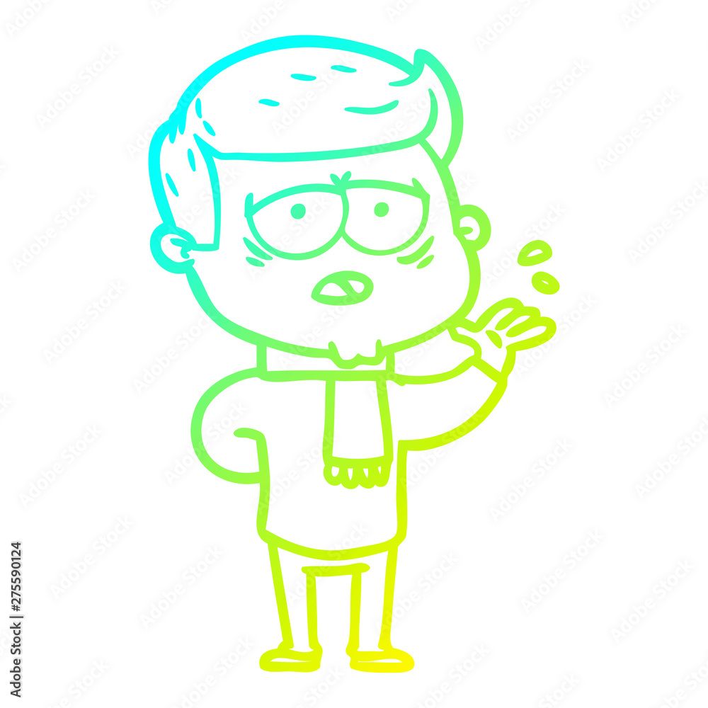 cold gradient line drawing cartoon tired man