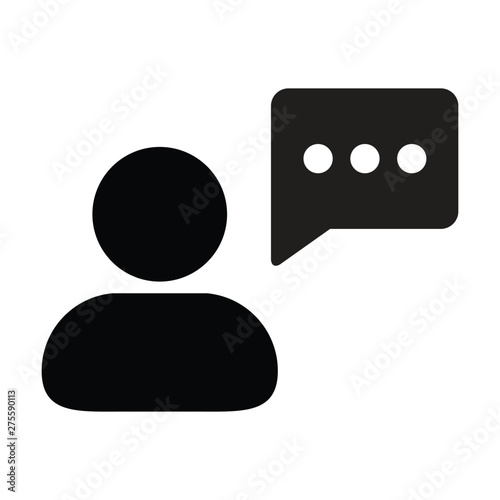 Answer icon vector male person profile avatar with speech bubble symbol for discussion and information in flat color glyph pictogram illustration