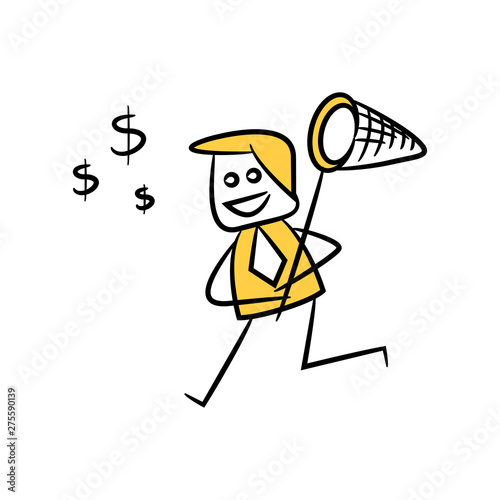 doodle businessman using hand net to catch money