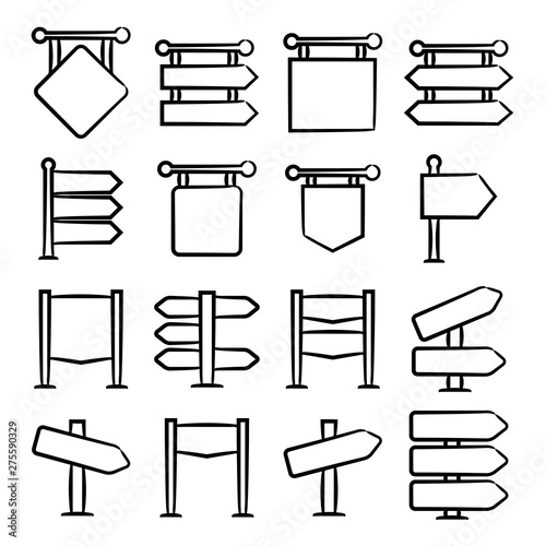 hand drawn and doodle signage, signpost icons set