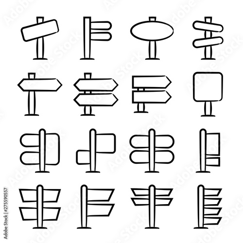 hand drawn and doodle signage, signpost icons set