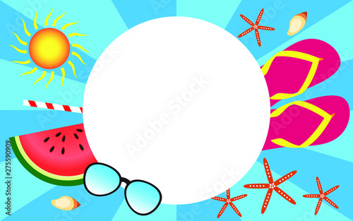 Summer border in blue sunburst background with elements of watermelon, sun, sunglasses, slippers, and starfish