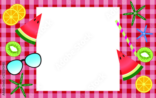 Summer border in picnic table background with fruits like orange, watermelon, kiwi and other elements like sunglasses, starfish.