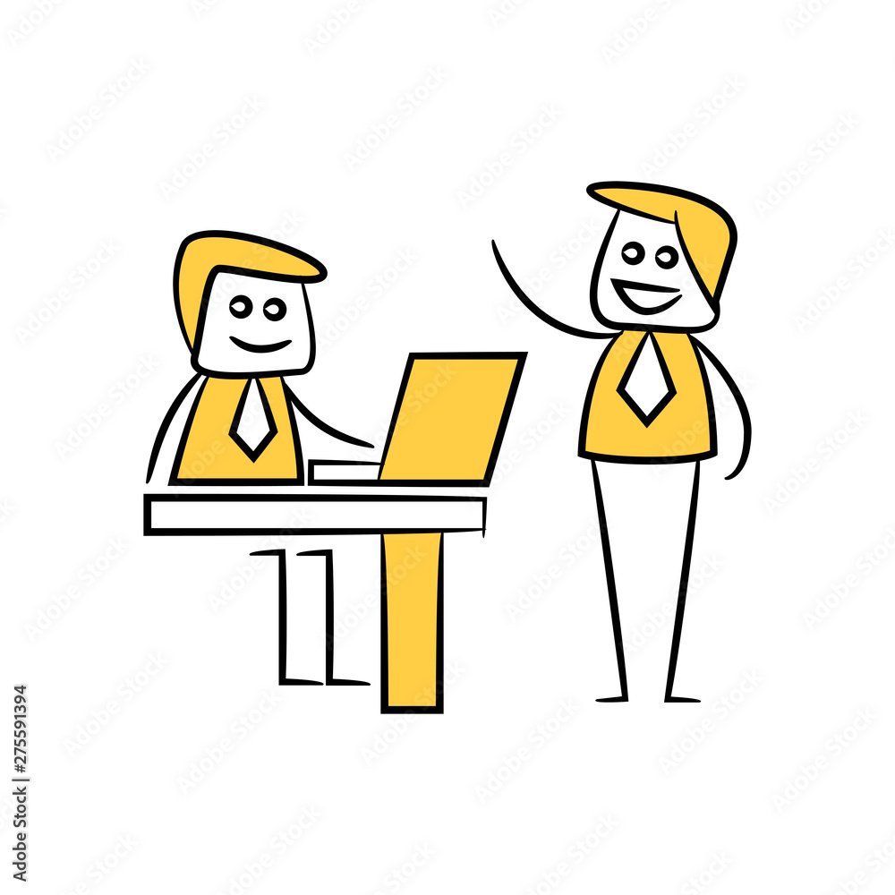 doodle stick figure businessman working on laptop and 