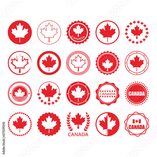 Red Canada flag and maple leaf sign circle emblems and stamps design elements set on white background