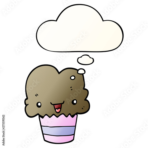 cartoon cupcake with face and thought bubble in smooth gradient style