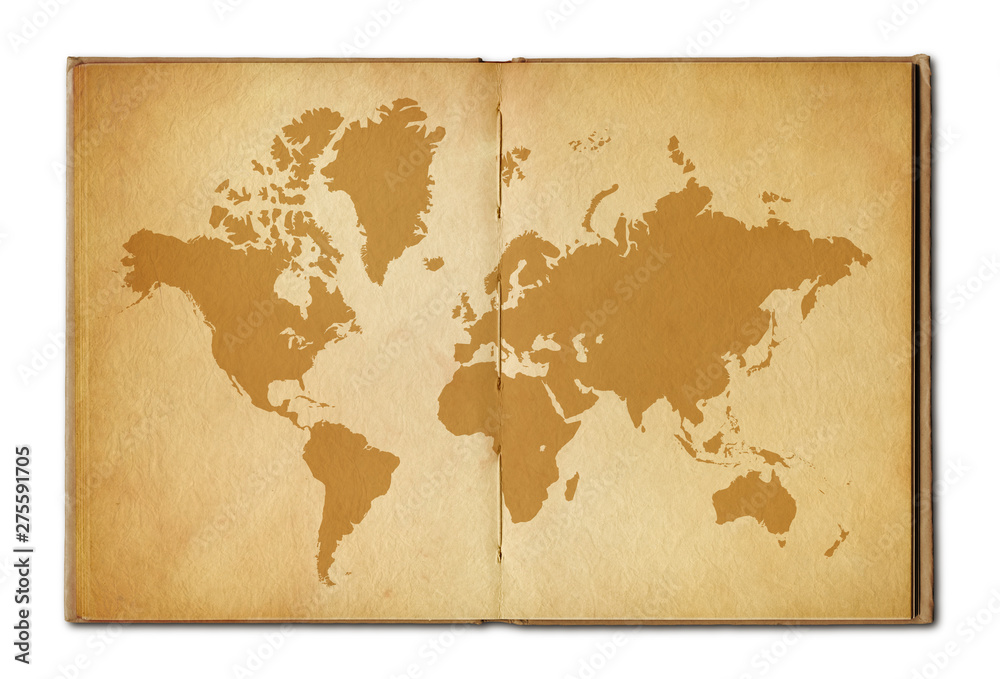 Vintage world map on an old open book