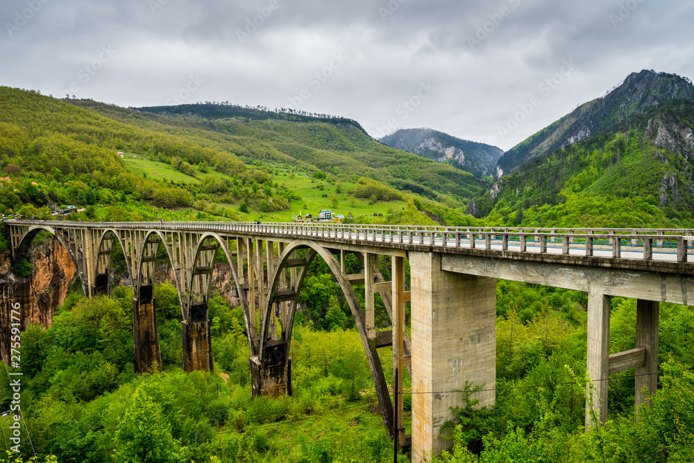 Montenegro, Old concrete building of durdevica tara bridge made of five arches leading traffic over impressive tara canyon in beautiful nature scenery