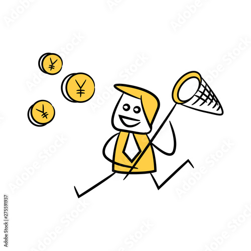 doodle stick figure businessman using hand net catching Yuan coin