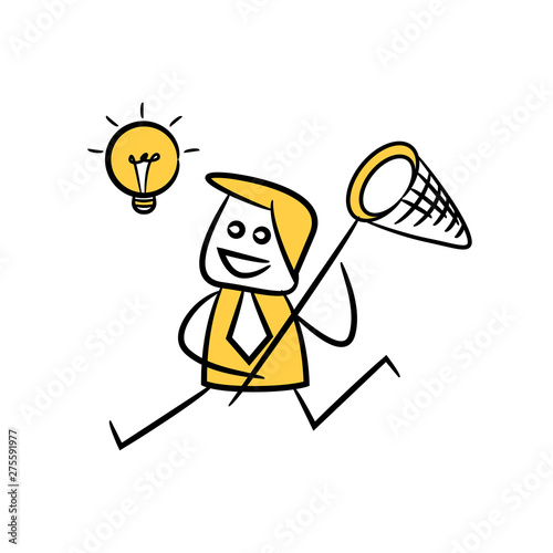 doodle stick figure businessman using hand net catching idea light bulb