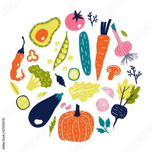 Healthy food. Vegetables round composition. Scandinavian style. Vector illustration isolated on white background.