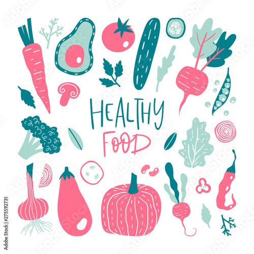 Set with hand drawn vegetables. Vector illustration isolated on white background. Eco lifestyle.