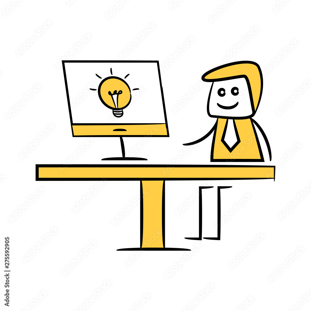 businessman working on computer and light bulb doodle theme businessman working on computer and light bulb doodle theme