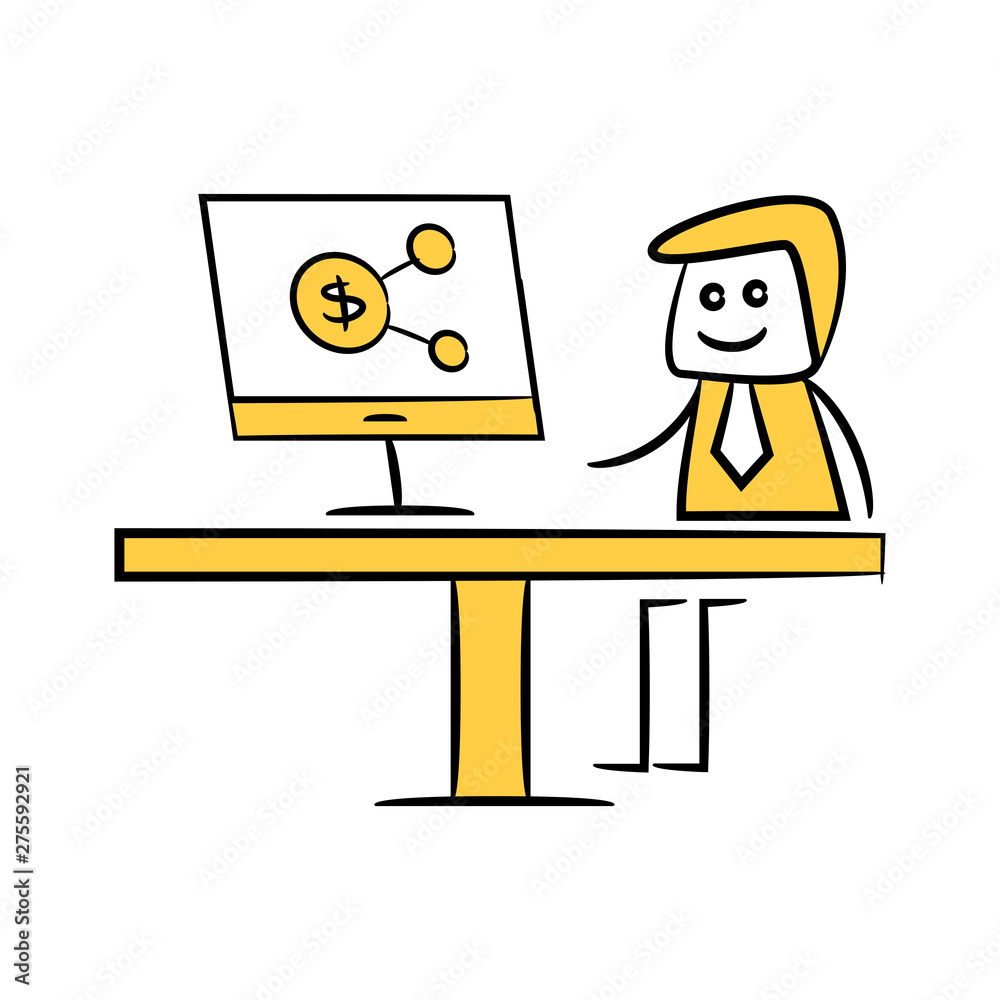 businessman working on computer and money network doodle theme