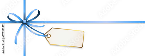 blue colored ribbon bow with hang tag