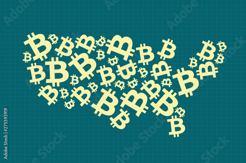 Global business economic development, a map of the United States made up of Bitcoin