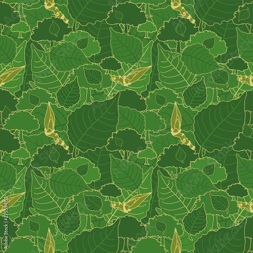 Seamless pattern, green camouflage of poplar leaves and buds for fabrics, Wallpapers, tablecloths, prints and designs. Abstract background for mobile applications. EPS file, vector