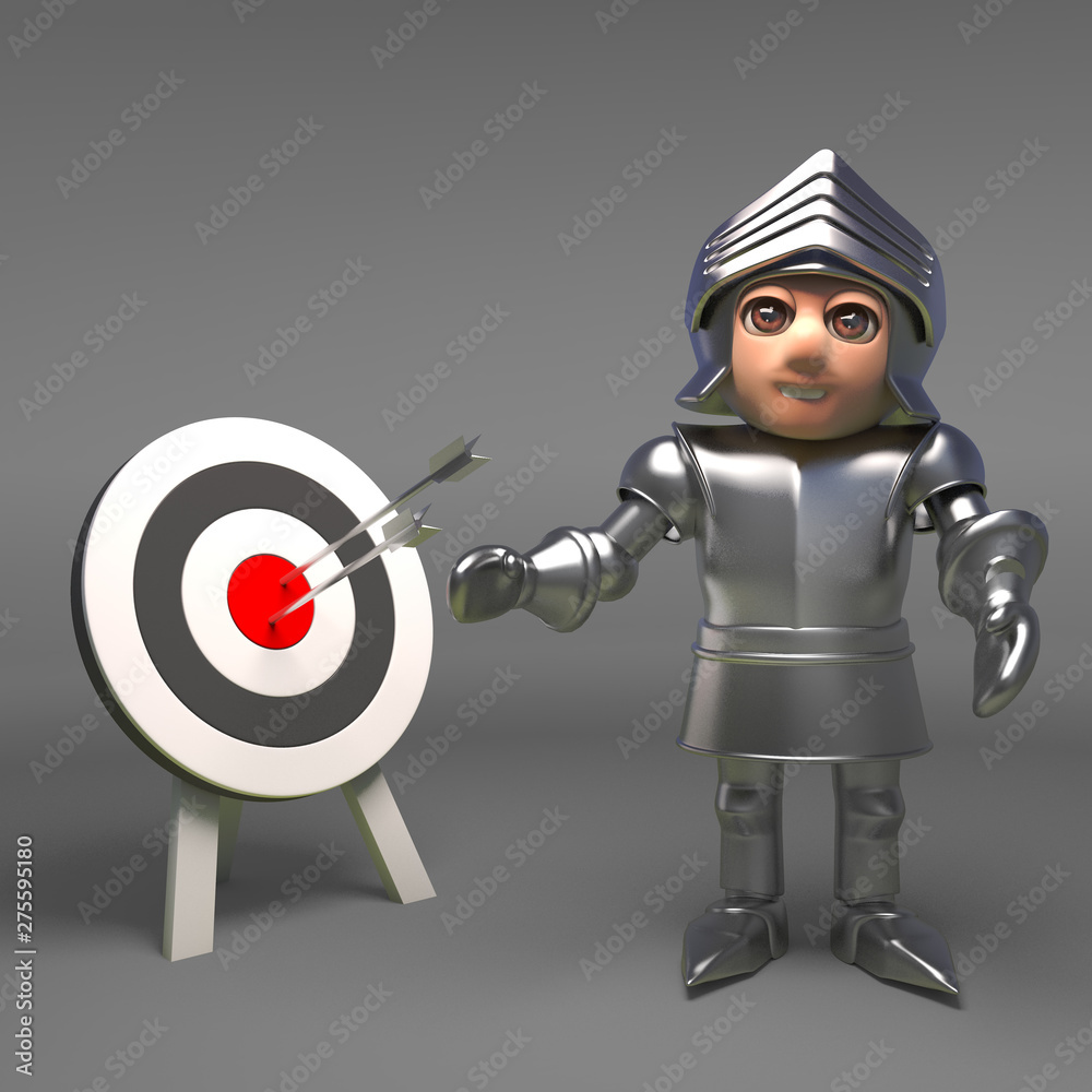 Accurate medieval knight in armour hits the bullseye, 3d illustration Accurate medieval knight in armour hits the bullseye, 3d illustration