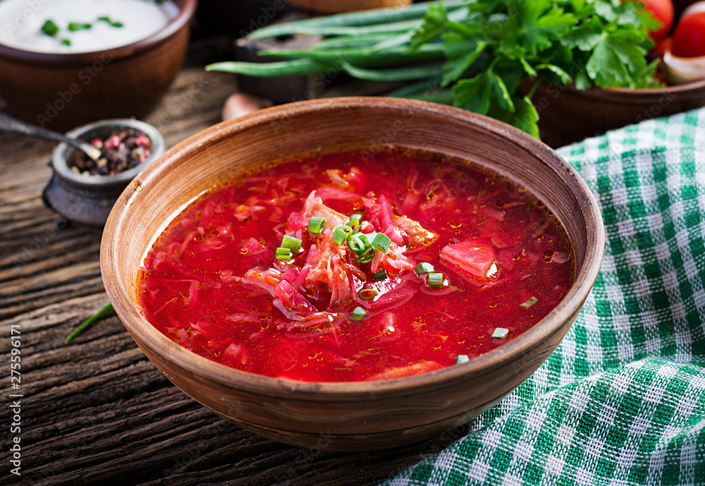 Traditional Ukrainian Russian borscht or red soup in the bowl. Traditional Ukrainian Russian borscht or red soup in the bowl.