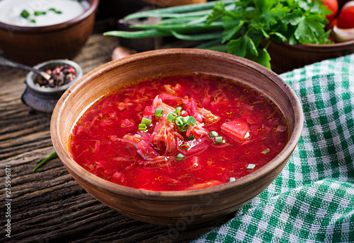 Traditional Ukrainian Russian borscht or red soup in the  bowl.