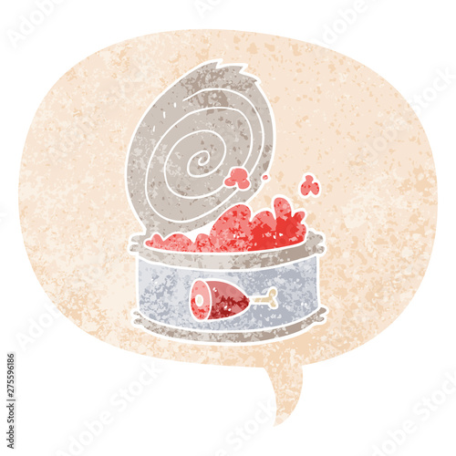 cartoon canned food and speech bubble in retro textured style