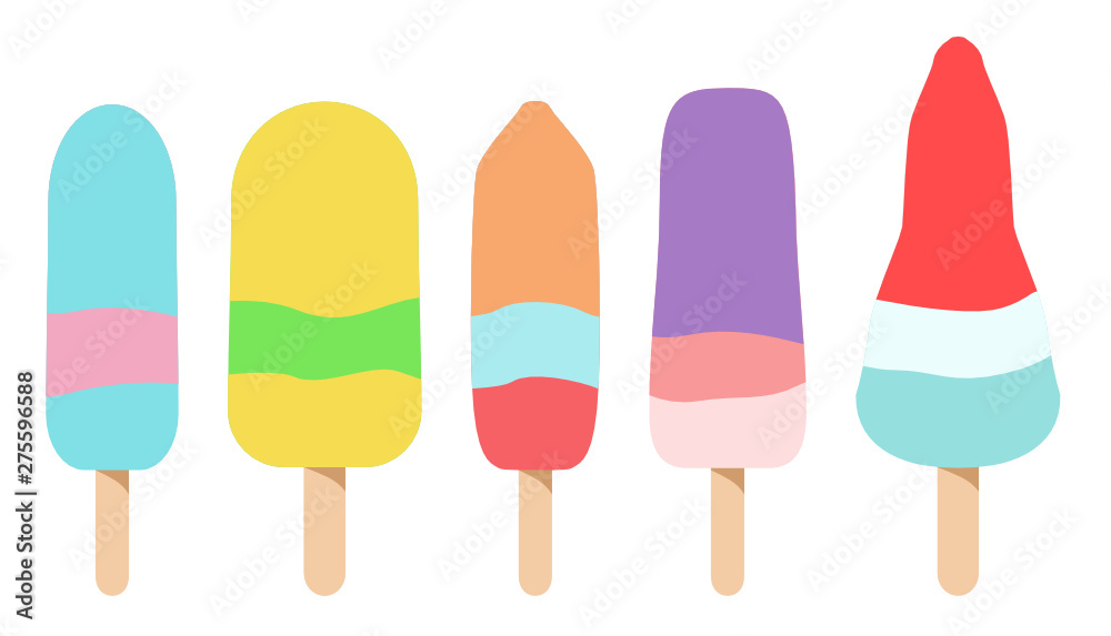 Vector flat graphic style illustration set of 5 colorful popsicle in different shape and size isolated on white background Vector flat graphic style illustration set of 5 colorful popsicle in different shape and size isolated on white background