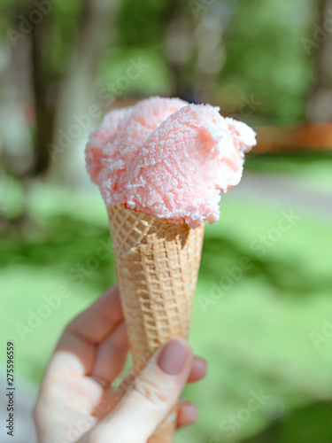 pink ice cream on spring or summer landscape background