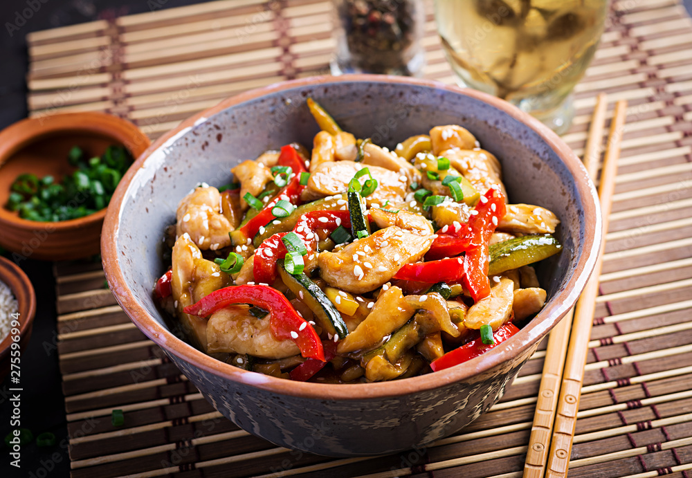 Stir fry chicken, zucchini, sweet peppers and green onion. Asian cuisine Stir fry chicken, zucchini, sweet peppers and green onion. Asian cuisine