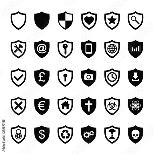 Vector collection of 30 security shields protection concept icon set for web design. High quality icons isolated on white background
