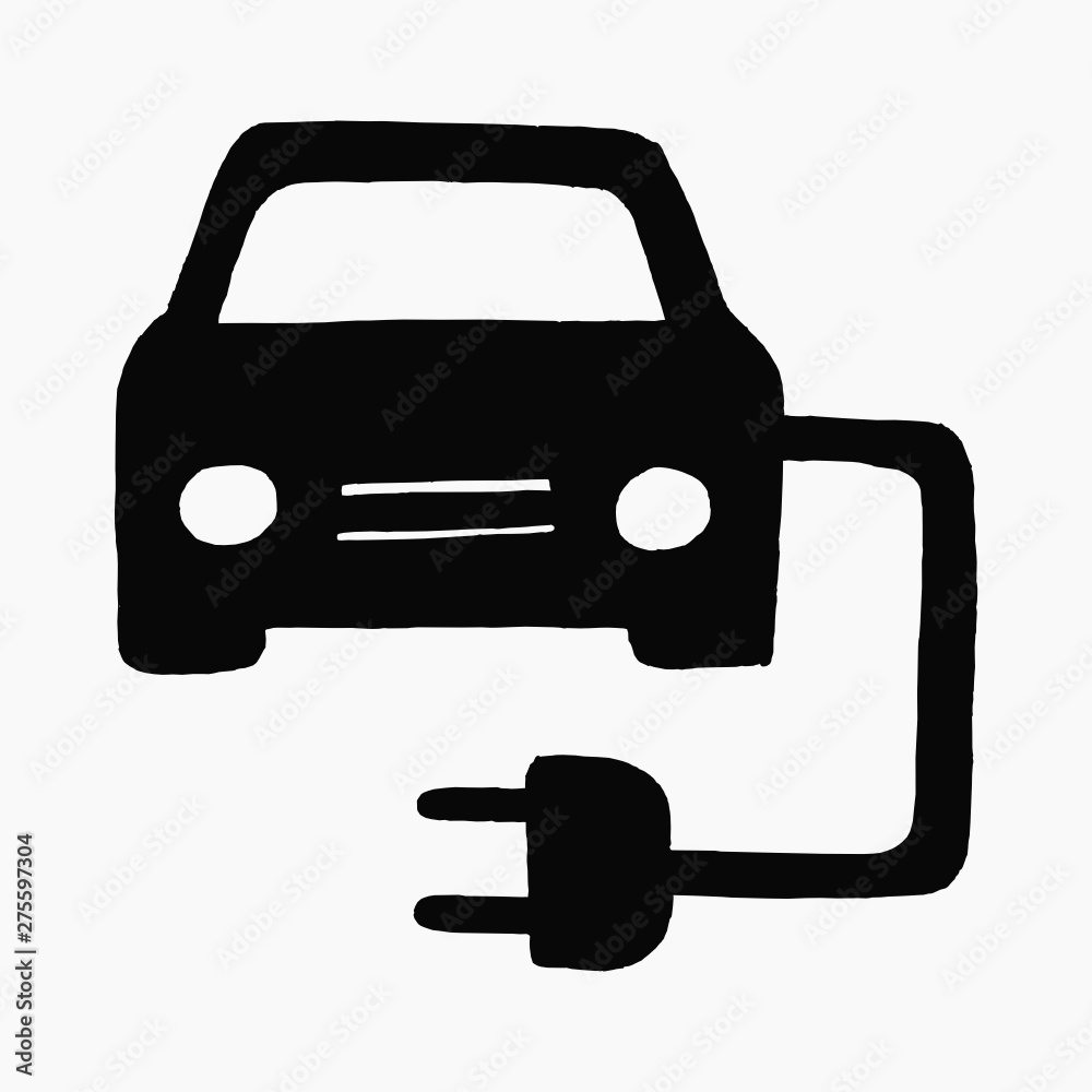 High quality hand drawn doodle vector illustration of a car with an electric plug isolated on white background