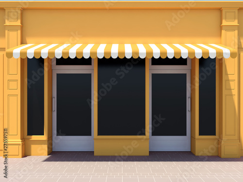 Yellow shop, store facade, shopfront with two doors, large windows and awnings 3D render