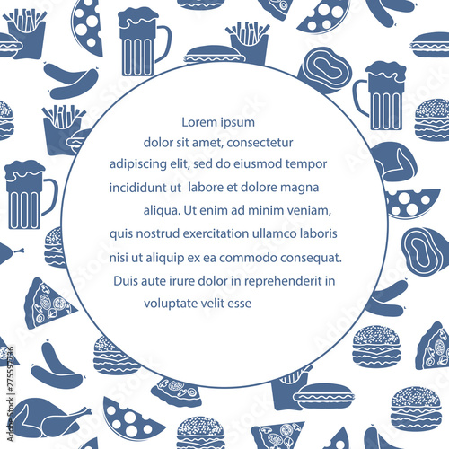 Beer, different types of food and fast food.