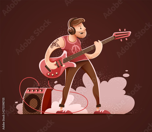 Rock guitar player man in headphones, playing rock music with bass guitar on concert stage. Sound amplifier speaker in smoke. Character isolated on dark background. Eps10 vector illustration.