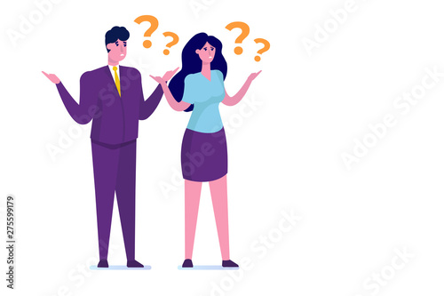 Man and woman have a question. Finding answers, solutions to problems concept. Modern flat vector illustration.