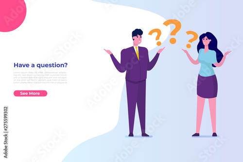 Man and woman have a question. Finding answers, solutions to problems concept. Modern flat vector illustration.