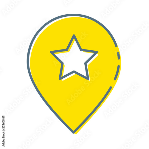 Yellow map pointer with star icon isolated on white background. Star favorite pin map icon. Map markers. Vector Illustration, eps 10